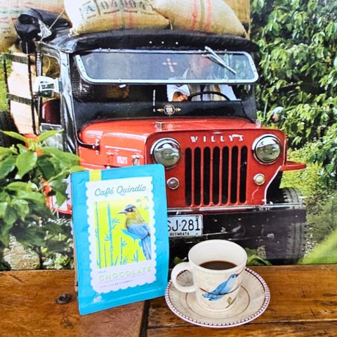 Café Quindio Specialty Coffee Mild Chocolate with a Willy's Jeep and Coffee bags - Chocolate & More Delights
