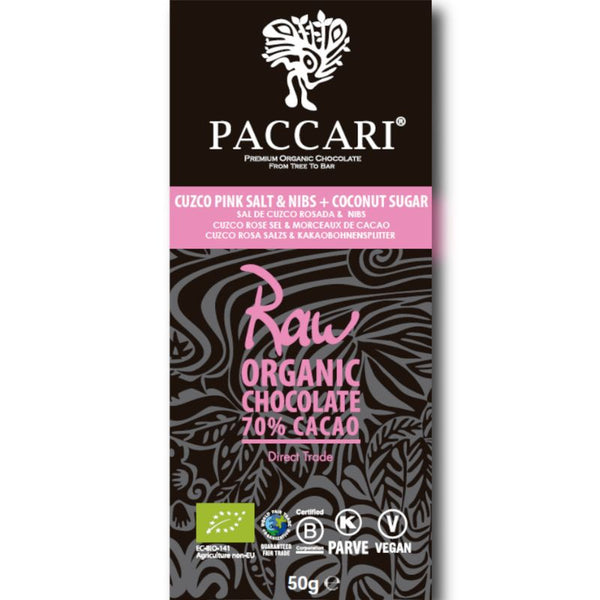 Paccari Raw Organic Dark Chocolate 70% Cuzco Pink Salt & Nibs - Chocolate & More Delights
