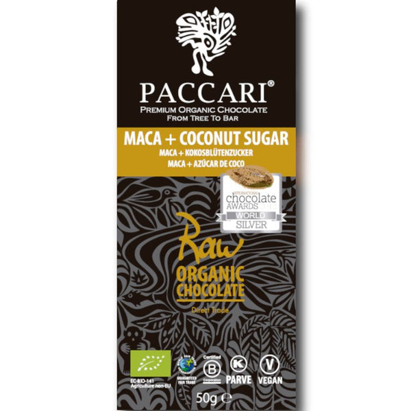 Paccari Raw Organic Dark Chocolate Maca & Coconut Sugar - Chocolate & More Delights